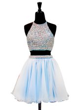 Charming Halter Top Light Blue Zipper Prom Dresses Beading Sleeveless Mini Length