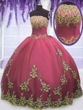  Ball Gowns Quinceanera Dresses Red Strapless Tulle Sleeveless Floor Length Zipper