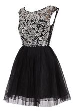 Excellent Black Cap Sleeves Beading Knee Length Evening Dress