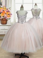 Sumptuous Straps Pink Cap Sleeves Beading Floor Length Flower Girl Dresses