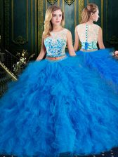  Tulle Scoop Sleeveless Zipper Lace and Ruffles Sweet 16 Dresses in Blue