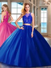  Tulle Scoop Sleeveless Zipper Appliques Quince Ball Gowns in Royal Blue