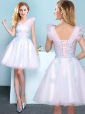 Lovely A-line Vestidos de Damas White V-neck Tulle Sleeveless Mini Length Lace Up