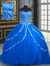 High Class Blue Lace Up Sweetheart Beading and Appliques Sweet 16 Dress Tulle Sleeveless Brush Train