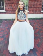  Halter Top Sleeveless Zipper Floor Length Embroidery 