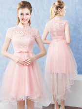 Customized Short Sleeves High Low Lace and Belt Zipper Quinceanera Court Dresses with Baby Pink