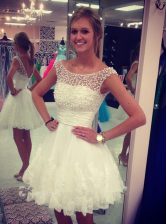  Scoop White A-line Beading and Lace Evening Dress Zipper Tulle Sleeveless Knee Length