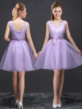Popular Mini Length Lavender Quinceanera Dama Dress V-neck Sleeveless Lace Up