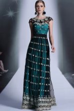  Scoop Cap Sleeves Organza Floor Length Side Zipper Prom Dress in Teal with Appliques and Pleated