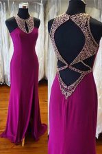 Sumptuous Fuchsia Scoop Neckline Beading Evening Dress Sleeveless Backless