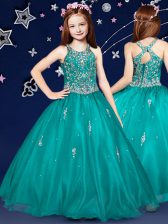  Scoop Floor Length Ball Gowns Sleeveless Teal Kids Pageant Dress Zipper