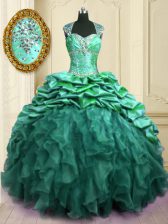 Graceful With Train Lace Up Sweet 16 Quinceanera Dress Turquoise for Military Ball and Sweet 16 and Quinceanera with Beading and Ruffles and Pick Ups Brush Train