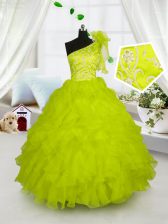  One Shoulder Yellow Green Ball Gowns Embroidery and Ruffles Kids Pageant Dress Lace Up Organza Sleeveless Floor Length