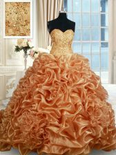  Pick Ups Sweetheart Sleeveless Brush Train Lace Up Sweet 16 Dress Champagne Organza