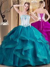  Teal Ball Gowns Tulle Strapless Sleeveless Embroidery Floor Length Lace Up 15th Birthday Dress