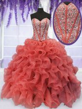  Ball Gowns Sweet 16 Dress Coral Red Sweetheart Organza Sleeveless Floor Length Lace Up