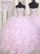Unique Baby Pink Sleeveless Floor Length Beading and Ruffles Lace Up Sweet 16 Dresses