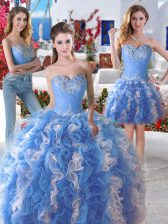Most Popular Three Piece Blue And White Organza Lace Up Quinceanera Gown Sleeveless Floor Length Beading