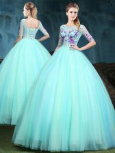  Scoop Half Sleeves Lace Up Floor Length Appliques Quince Ball Gowns
