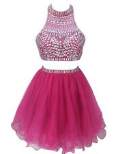 Luxury Fuchsia Chiffon Zipper Prom Dresses Sleeveless Mini Length Beading