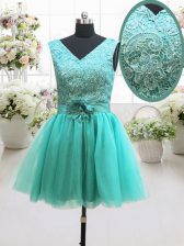 Modern Turquoise Sleeveless Mini Length Beading and Lace and Belt and Hand Made Flower Lace Up Evening Dress