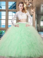 Fitting Apple Green Tulle Zipper Scoop Long Sleeves Floor Length 15 Quinceanera Dress Beading and Lace and Ruffles