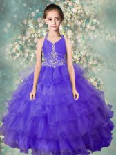  Blue Ball Gowns Halter Top Sleeveless Organza Floor Length Zipper Beading and Ruffled Layers Pageant Gowns For Girls