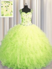  See Through Zipper Up Tulle Sleeveless Floor Length Vestidos de Quinceanera and Beading and Ruffles