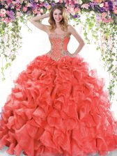 Great Red Organza Lace Up Sweetheart Sleeveless Quinceanera Gown Sweep Train Beading and Ruffles