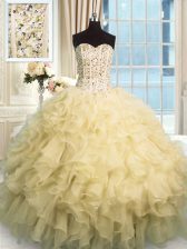Flare Champagne Sleeveless Floor Length Beading and Ruffles Lace Up 15th Birthday Dress