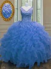  Blue Zipper V-neck Beading and Ruffles 15th Birthday Dress Organza Sleeveless