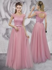 Fantastic Pink Homecoming Dress Prom and Party with Lace and Ruching and Bowknot Scoop Cap Sleeves Lace Up