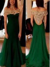 Enchanting Off the Shoulder Chiffon Short Sleeves Homecoming Dress Sweep Train and Beading and Pleated