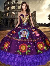 Custom Designed Sleeveless Organza and Taffeta Floor Length Lace Up Quinceanera Gown in Purple with Embroidery and Ruffled Layers