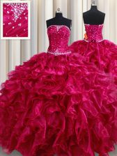  Fuchsia Strapless Lace Up Beading and Ruffles Sweet 16 Quinceanera Dress Sleeveless