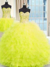  Three Piece Strapless Sleeveless Sweet 16 Dresses Floor Length Beading and Ruffles Yellow Tulle