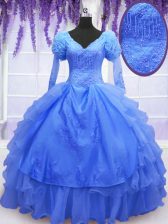 Perfect One Shoulder Blue Long Sleeves Beading and Embroidery and Hand Made Flower Floor Length Sweet 16 Dresses