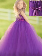  Straps Sleeveless Tulle Flower Girl Dress Bowknot and Hand Made Flower Zipper