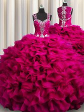 Sexy Zipple Up See Through Back Fuchsia Sleeveless Beading and Ruffles Floor Length 15th Birthday Dress