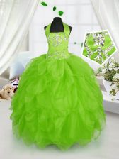  Ball Gowns Little Girls Pageant Gowns Halter Top Organza Sleeveless Floor Length Lace Up