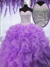 Designer Lavender Lace Up Sweetheart Ruffles and Sequins Quince Ball Gowns Organza Sleeveless