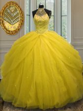  Halter Top Sleeveless Lace Up Vestidos de Quinceanera Gold Tulle