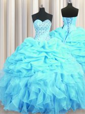 Custom Designed Aqua Blue Organza Lace Up Sweetheart Sleeveless Floor Length Ball Gown Prom Dress Beading and Ruffles and Pick Ups