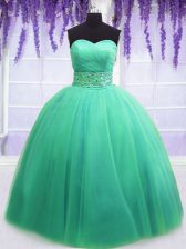  Turquoise Sleeveless Floor Length Beading and Belt Lace Up Vestidos de Quinceanera