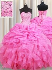  Rose Pink Lace Up Sweet 16 Dress Beading and Ruffles and Pick Ups Sleeveless Floor Length