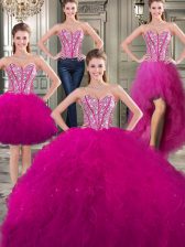 Popular Three Piece Fuchsia Sleeveless Beading and Ruffles Floor Length Sweet 16 Dress