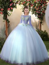 Big Puffy Tulle Scoop Long Sleeves Lace Up Appliques Quinceanera Gowns in Light Blue