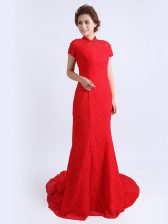  Red Cap Sleeves Lace Brush Train Backless Homecoming Dress for Prom and Party