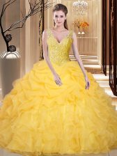 Free and Easy Gold Backless V-neck Lace and Appliques and Ruffles and Pick Ups Quinceanera Dresses Organza Sleeveless