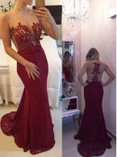  Mermaid With Train Burgundy Prom Dresses Scoop Sleeveless Court Train Zipper
